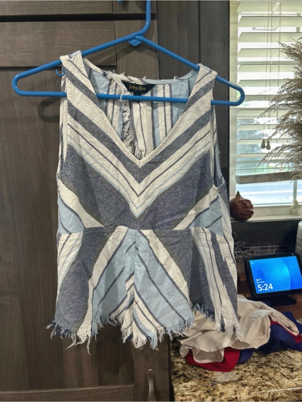 Indigo Rein Blue & White Striped Frayed V-Neck Tank